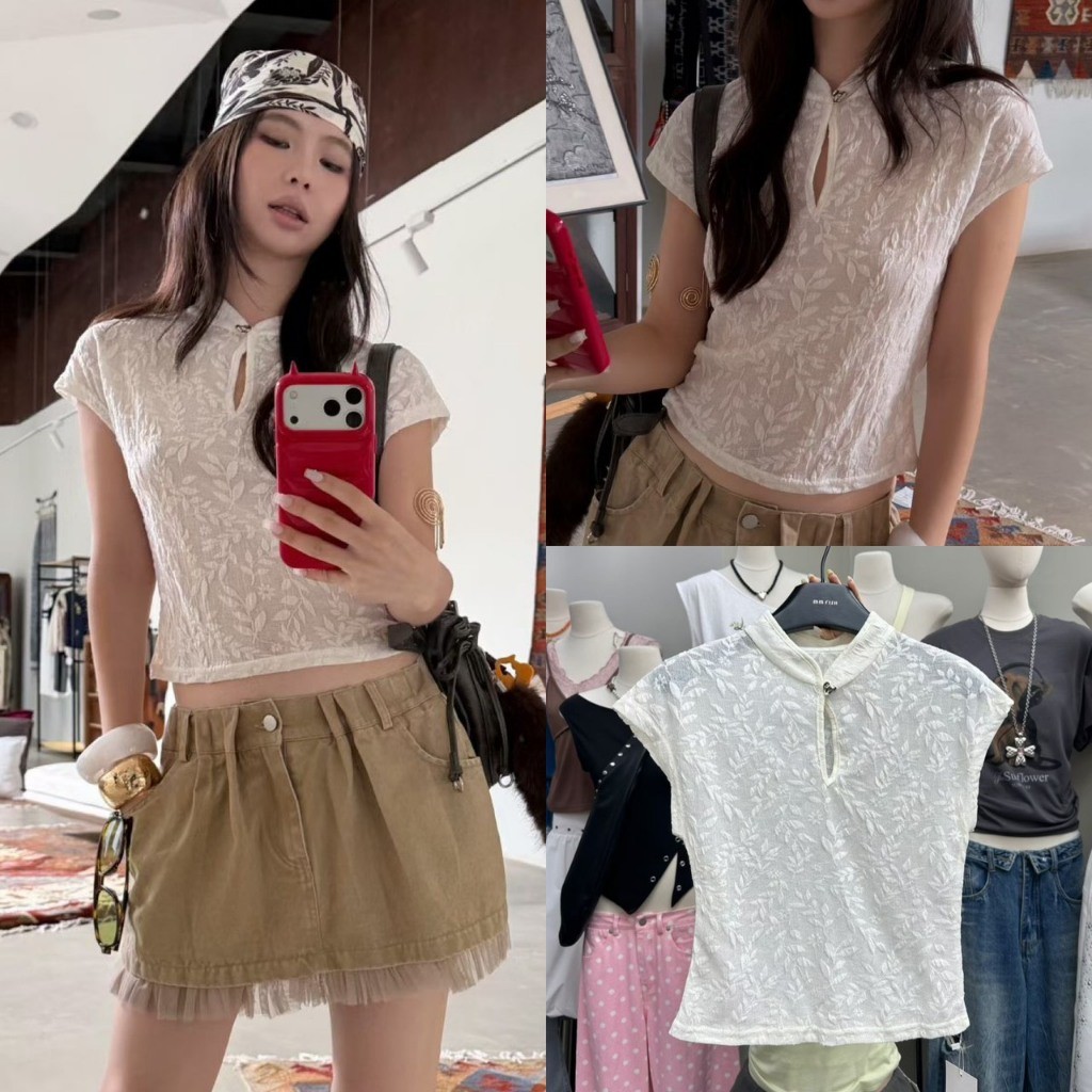 ❤ 🧵 🇰🇷 SU288 เสื้อคอจีนลายปักใบไม้ งานสวยละมุน เนื้อผ้านุ่ม ใส่สบาย แฟชั่นเกาหลี TAG MM Fish 🧡