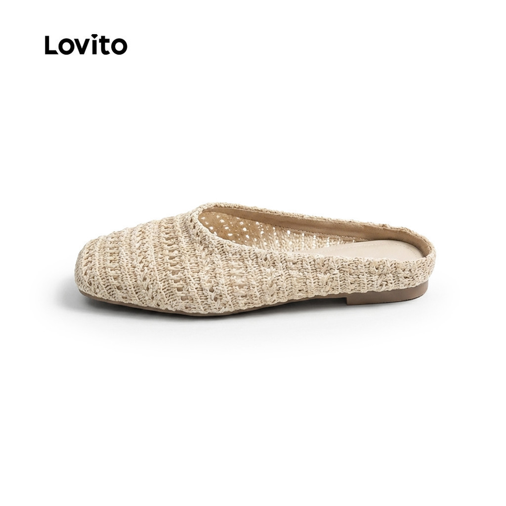 Lovito  รองเท้าบัลเล่ต์ลําลองผู้หญิง พื้นนิ่ม หัวรองเท้าฉลุ สีดําสบาย LFA112066