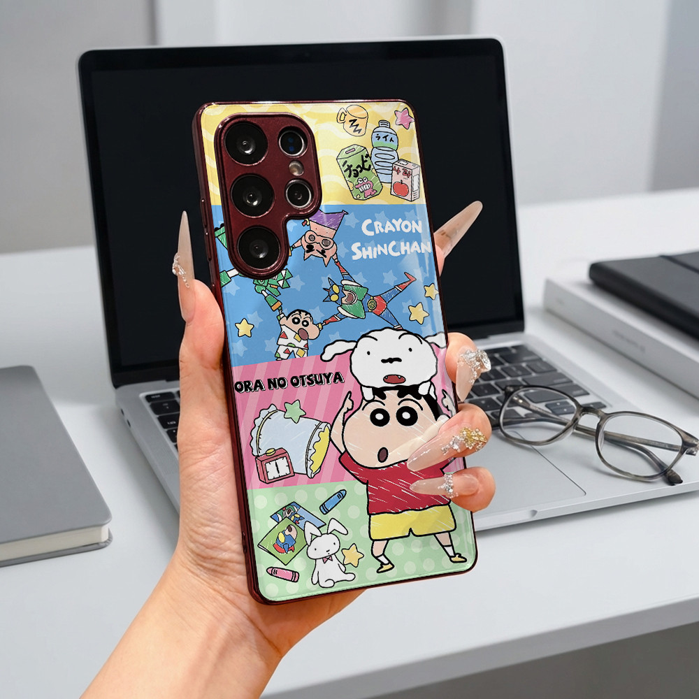 เคส SAMSUNG Galaxy  note 8 9 10 20 S10 S20 S21 S22 S23 S24 S25 S26 plus ultra fe edge A56 A55 A54 A53 A52 A06 A07 A27 A36 A26 A25 A42 A16 case เคสกระจกเทมเปอร์ชินจังแบ่งสี่สี ขอบไวน์แดง กันกระแทก น่ารัก