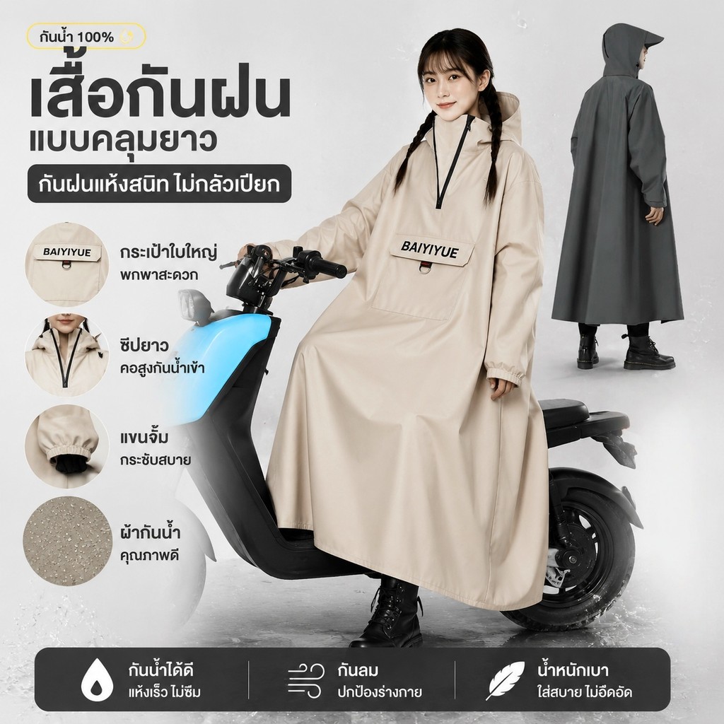 เสื้อกันฝนสำหรับมอเตอร์ไซค์ เสื้อกันฝนแบบยาว หนาและทนทาน เหมาะสำหรับผู้ชายและผู้หญิง มี 3 ขนาดให้เลือก