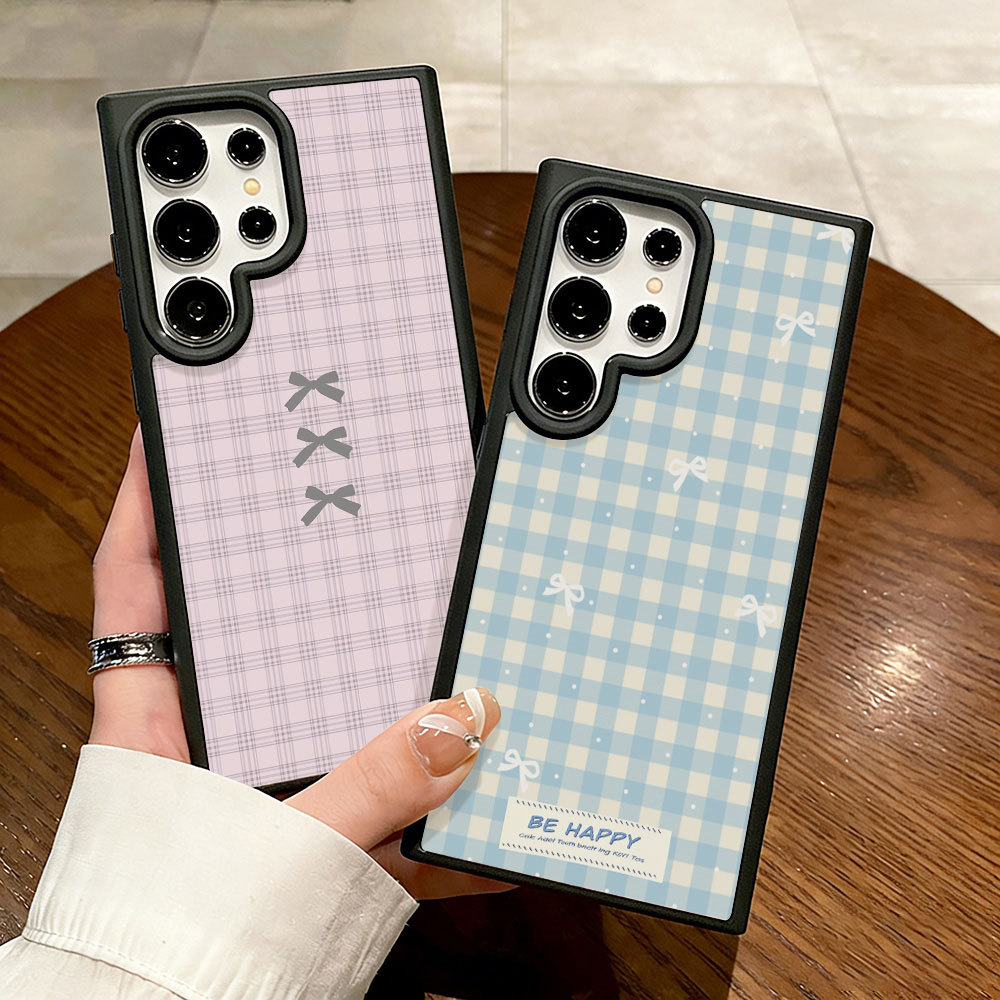 Pink Plaid เคส For Samsung A37 A07 A17 A16 A06 A05S A05 A36 A55 A15 A54 A56 A35 A34 S26 A25 อะคริลิกฝ้า เคสโทรศัพท์
