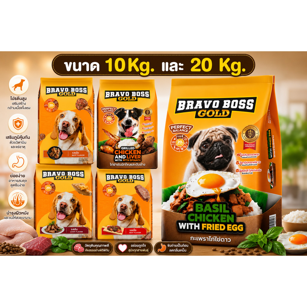 Bravo Boss Gold อาหารสุนัข บราโว่ บอส โกลด์ ขนาด 10-20 กิโลกรัม รส เนื้อ / ตับ / แกะ ราคาถูก อาหารหมา อาหารเม็ด