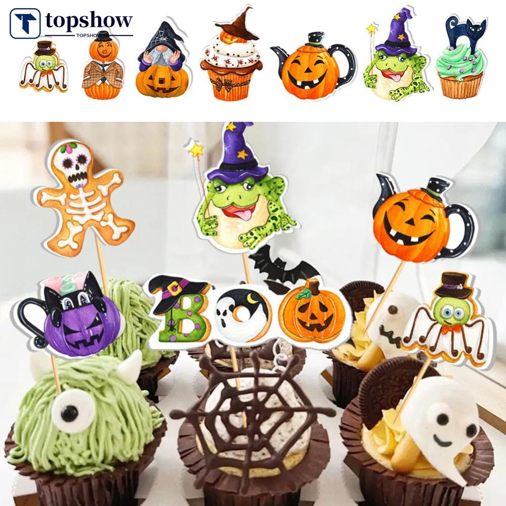 TOPSHOW ฮาโลวีนเค้ก Topper 16 ชิ้น Spooky Ghost ฟักทอง Cupcake ตกแต่งขนมหวานเป็นมิตรกับสิ่งแวดล้อมเท