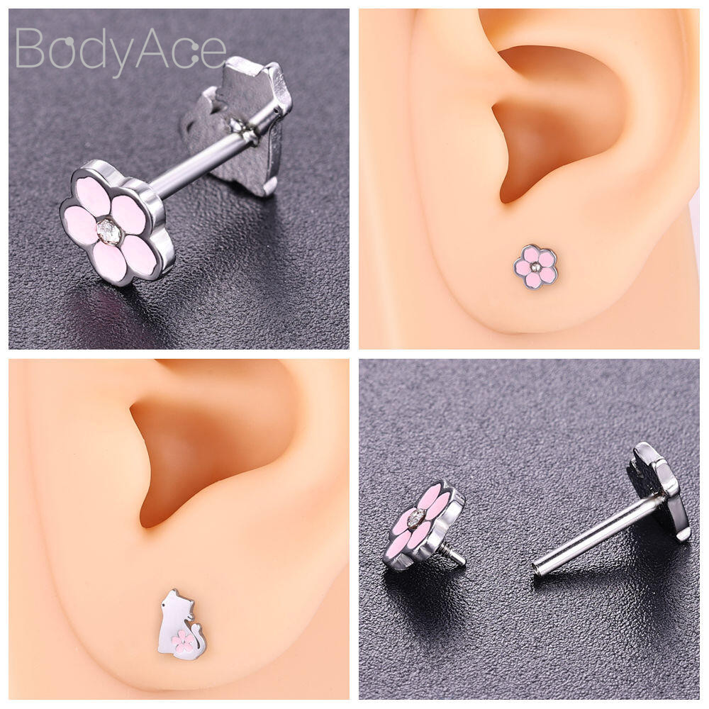 ต่างหู Bodyace 18G สตั๊ดคริสตัล ลายดอกไม้และแมว สีชมพู สำหรับเจาะ lobe และ lip ราคา ถูกที่สุด ดีลบีเคเค แกลเลอรีภาพที่ 3