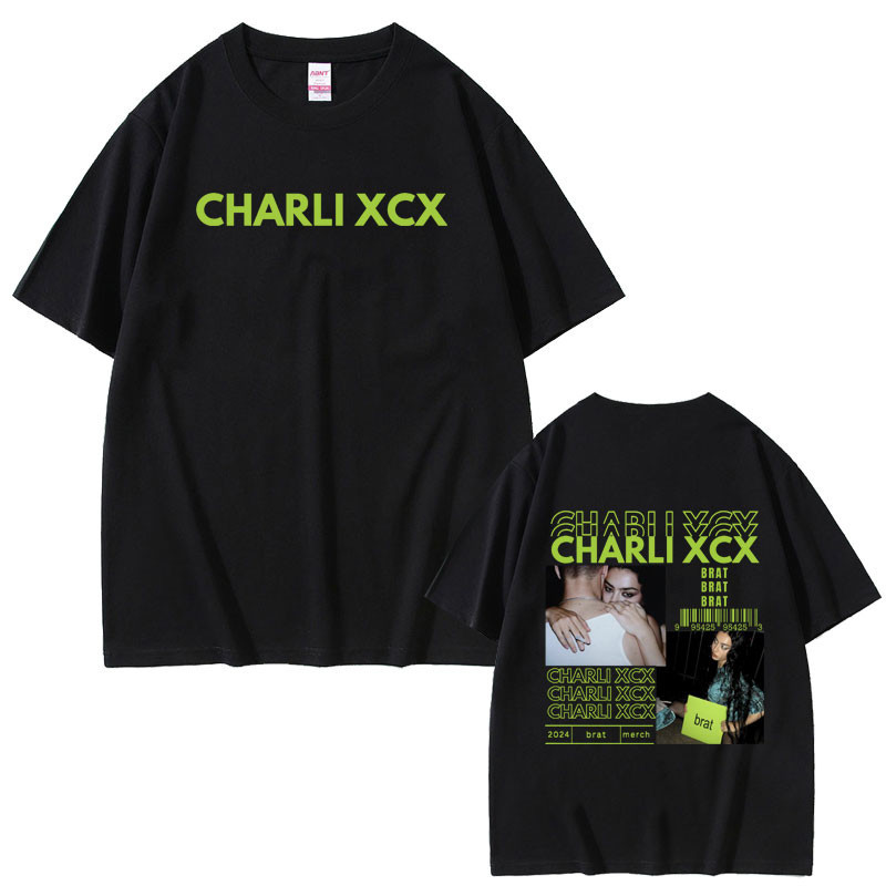 เสื้อยืด.Charli XCX Brat Album พิมพ์ลายสองด้าน แบบเรโทร คอругกลม เหมาะสำหรับทั้งผู้ชายและผู้หญิง
