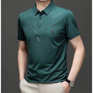 PROMAN เสื้อโปโลผู้ชายคอปกสั้น ผ้าไอซ์ซิลซ์ ลายพิมพ์ สไตล์เกาหลี ทรงหลวมเรียบง่าย ใส่ประจำวัน เหมาะพ่อ