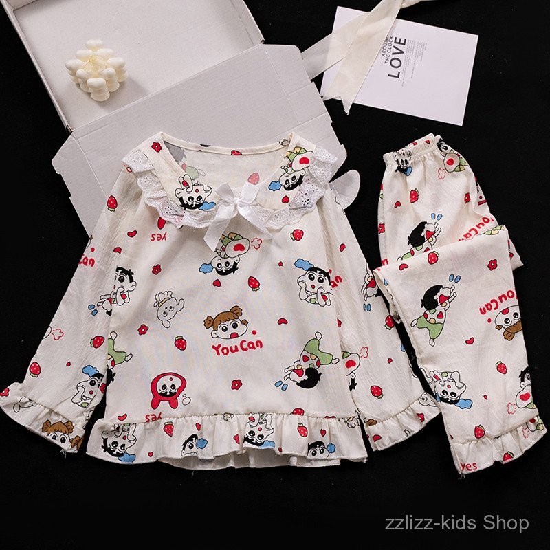 เมฆผ้าฝ้ายเด็กชุดนอนแขนยาวกางเกงลูกไม้ตุ๊กตาปกเสื้อสวมหัวหวานน่ารักการ์ตูนสาว