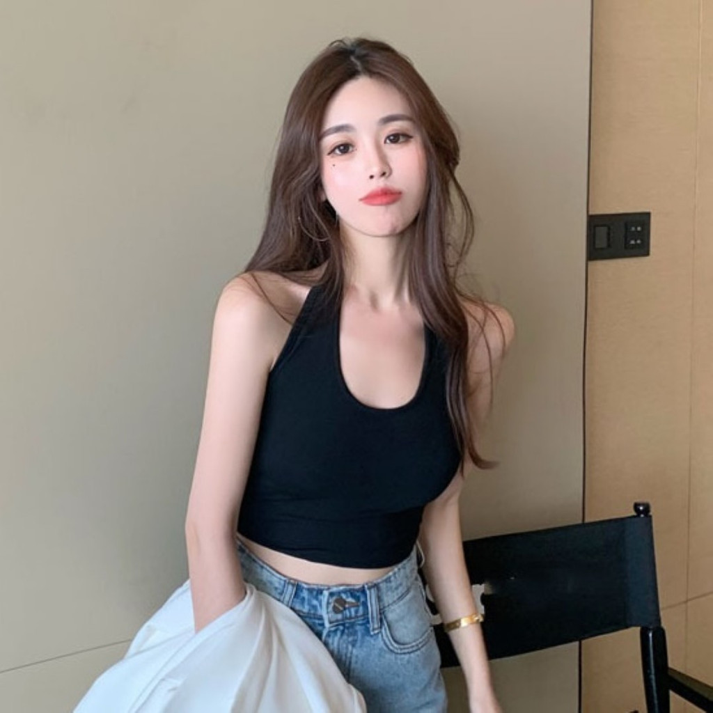 New2023 เสื้อกล้ามครอป ทรงคล้องคอ สวยเก๋เรียบๆ 3 สี รูปที่ 3