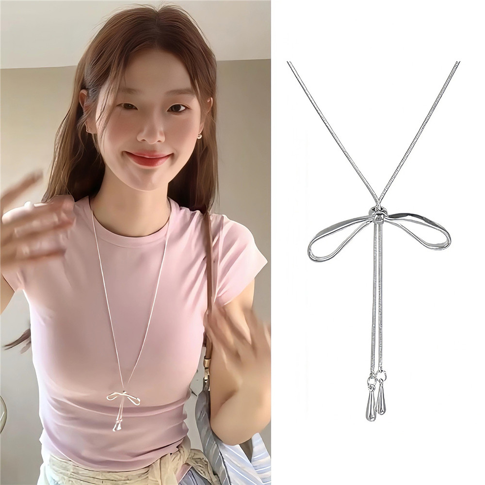 สร้อยคอมุกแบบเกาหลี สไตล์โบว์สำหรับผู้หญิง พร้อมโซ่เงิน เพิ่มความสวยในหน้าหนาว