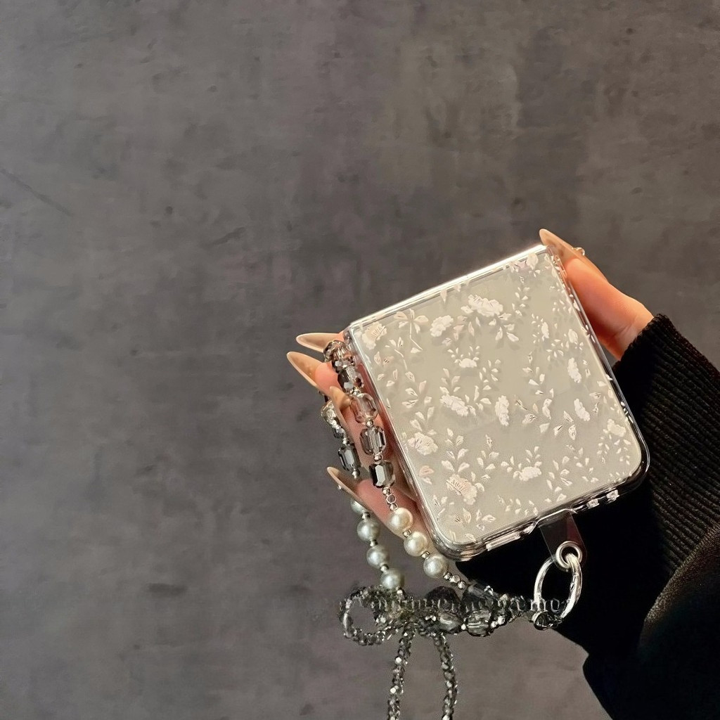 เหมาะสําหรับ Samsung Galaxy ZFlip7 โปร่งใสเต็มหน้าจอสร้อยข้อมือดอกไม้ขนาดเล็กเคสโทรศัพท์เชือกเส้นเล็กเปลือกพับสําหรับ ZFlip 6 5 4 3 5G N3Flip MixFlip 2 PCHard ฝาครอบป้องกัน