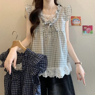 เสื้อเชิ้ตลายสก็อตแขนสั้น แต่งระบายลูกไม้ ทรงวินเทจ ทรงหลวม เนื้อผ้านุ่ม จัดส่งจากประเทศไทย 99172