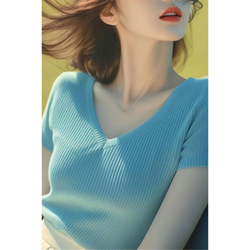 Chic All-Match สวยสีฟ้าถักด้านหน้าไหล่ V คอแขนสั้นเสื้อยืดผู้หญิงเพียง Western สไตล์ Super สวย Simpl
