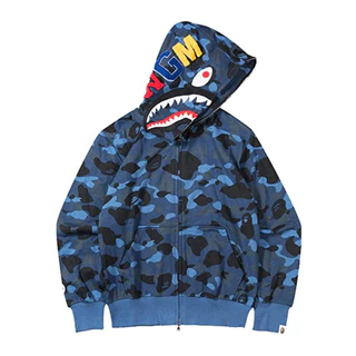แจ็คเก็ต shark print hoodie Bape สำหรับทั้งผู้ชายและผู้หญิง ดีไซน์ซิปหน้า แฟชั่น streetwear