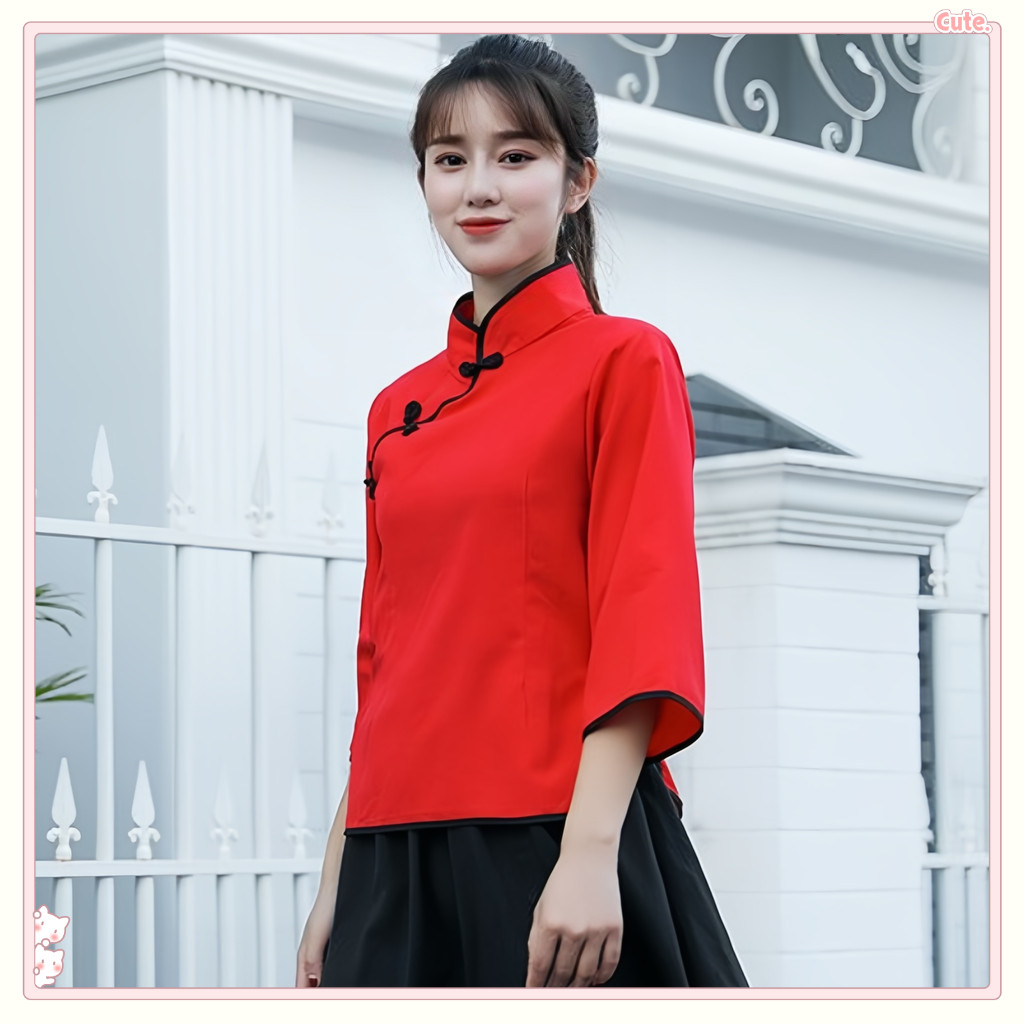 เสื้อจีนผู้หญิงแขนสามส่วนโหลดร่างกายเนี้ยบ ไซส์ใหญ่ เฉียบ เลือดอภิเฟร์ เสื้อคอกี่เพ้า เสื้อจีนผู้หญิงไซส์ใหญ่ คืนทําตรุษจีน 5183