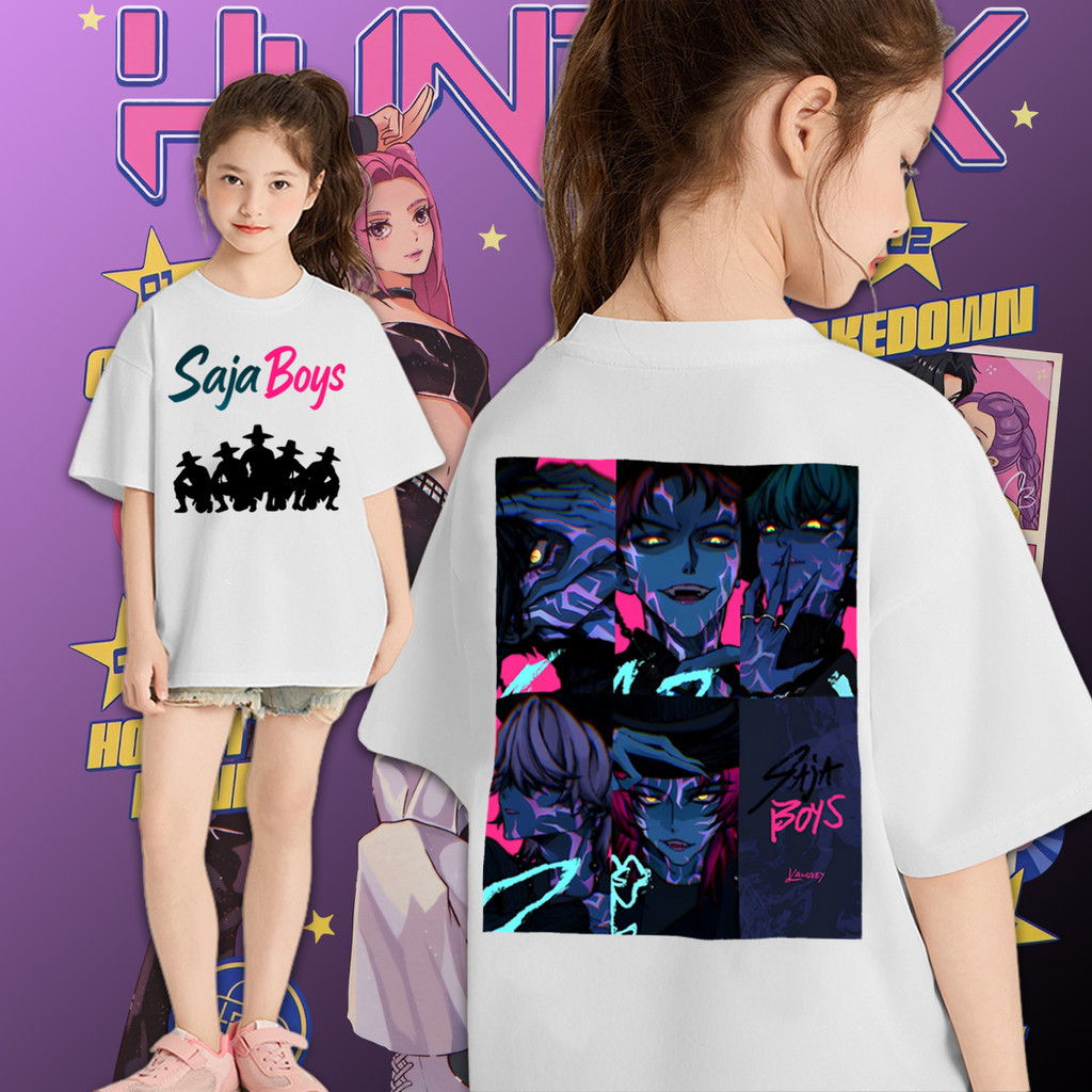 COD(จัดส่งตลอด 24 ชั่วโมง)Kpop Demon Hunters มาใหม่เด็กแขนสั้นเสื้อยืดฤดูร้อนการ์ตูนพิมพ์รอบคอผ้าฝ้ายด้านบน D136