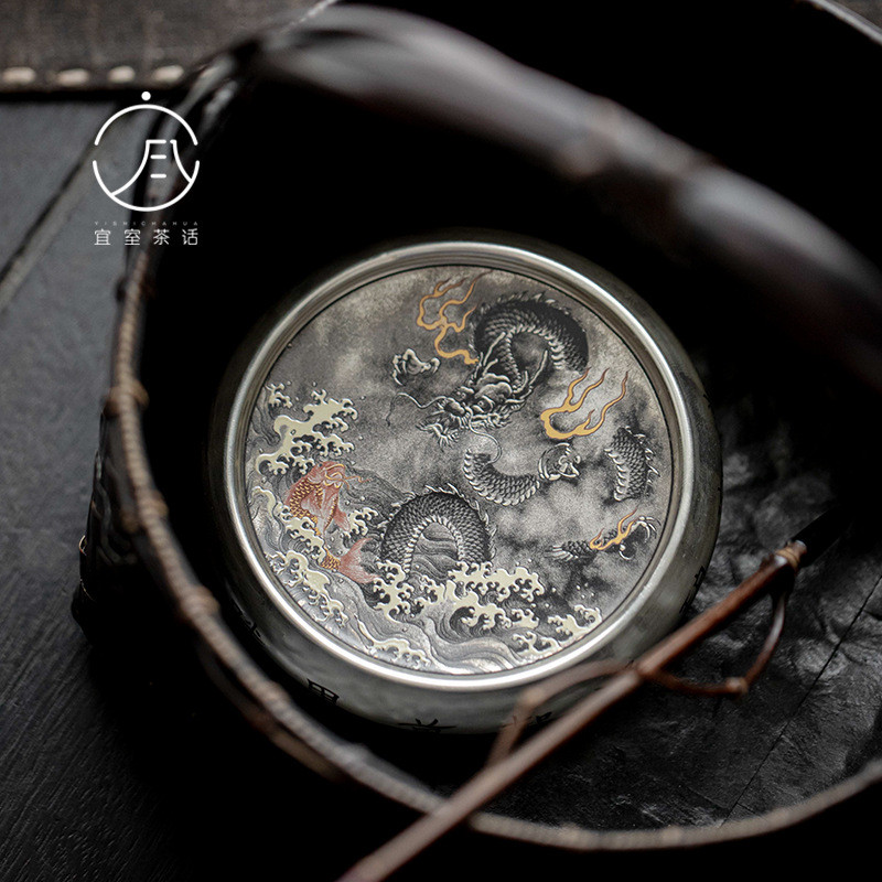 Yishi ชา Hua 999 เงินสเตอร์ลิง Gilt Silver Ink Dragon ฝาปิดชุดหม้อดินสีม่วงฝาปิดผู้ถือชามที่วางแก้วฝ