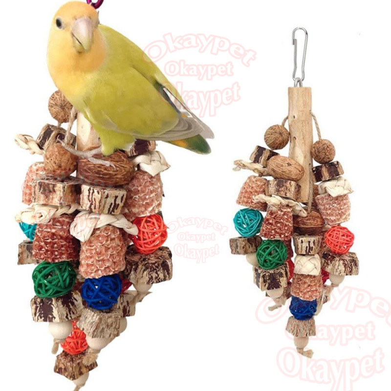 ของเล่นนก ถั่วธรรมชาติ Corncob ลูกบอลหวายสีสันสดใสของเล่นนกโต้ตอบส่งเสริมให้ความสุข การบํารุงรักษาและให้ขยายความบันเทิง นกแก้ว ของเล่นแขวน