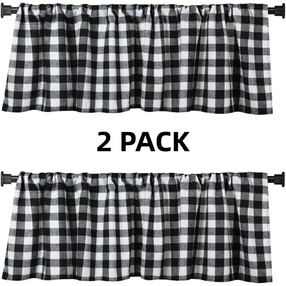 2 แพ็ค Buffalo ตรวจสอบลายสก๊อตหน้าต่าง Valances สีขาวและสีดํา Farmhouse Design Window Treatment Deco