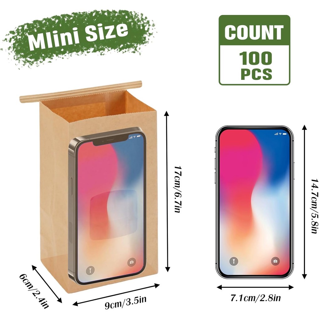 Moretoes 100 ชิ้นถุงเบเกอรี่ขนาดเล็กหน้าต่าง, ถุงคุกกี้ถุงขนมถุงกระดาษคราฟท์, 3.54x2.36x6.7in Tie Ta