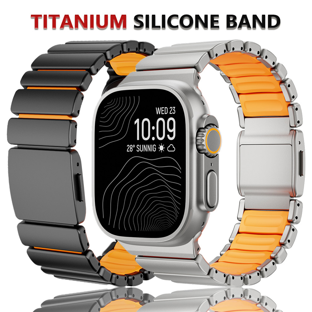 iWatch Ultra 3 49mm / Series 11-5, SE (44-46mm) အတွက် Magnetic Titanium ပါသည့် ဆီလီကွန်လက်ကောက်ကြိုး