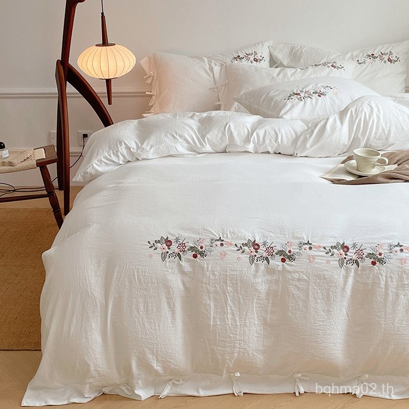 Class A Retro น้ําหนักเย็บปักถักร้อย Laced-Up สไตล์ล้างผ้าฝ้ายสี่ชิ้นชุดเลียนแบบจีนผ้าลินินผ้าฝ้ายผ้