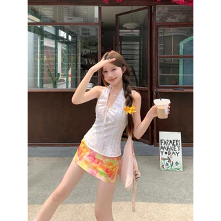 iPink พร้อมส่ง🌷เสื้อสายเดี่ยวคล้องคอผ้าลายลินิน คอวี ผูกโบว์หลังเสื้อคอรอปทรงเข้ารูป ลําลอง สําหรับผู้หญิงใส่แล้วหุ่นสว