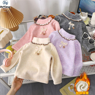 เสื้อยืดแขนยาวสำหรับเด็กสาว ทำจากขนแกะ สไตล์ครึ่งคอสูง เหมาะ…