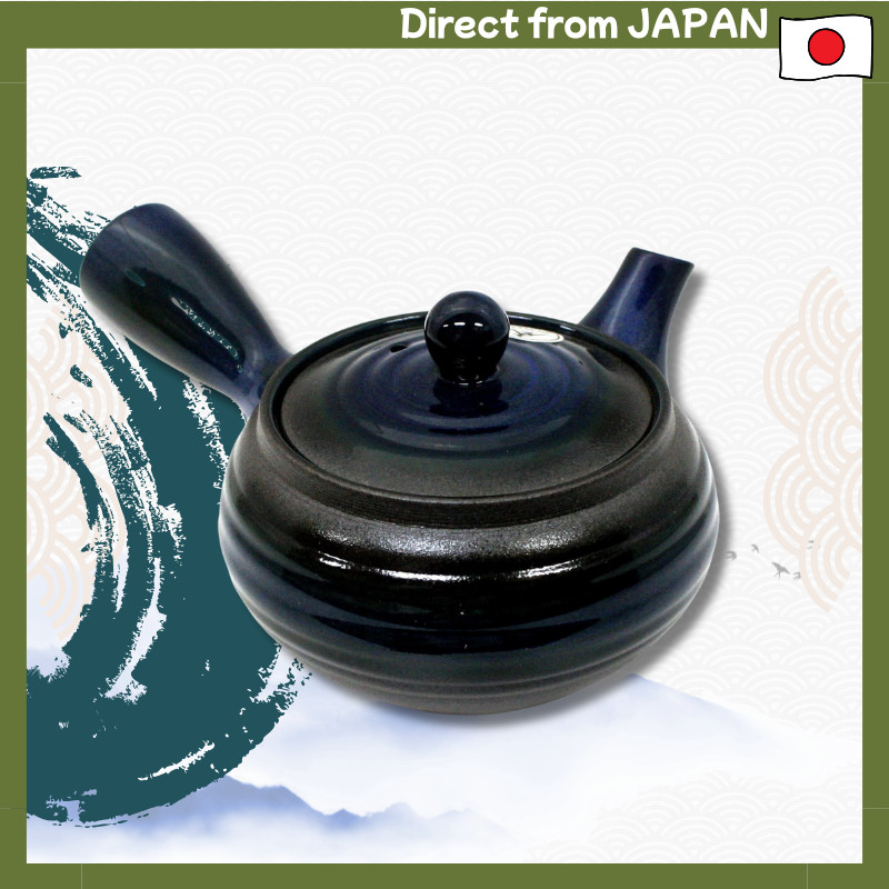 HisamuraTouki Kyusu Teapot Blue – Banko Ware Flat-Shape Teapot with Built-in Mesh Filter