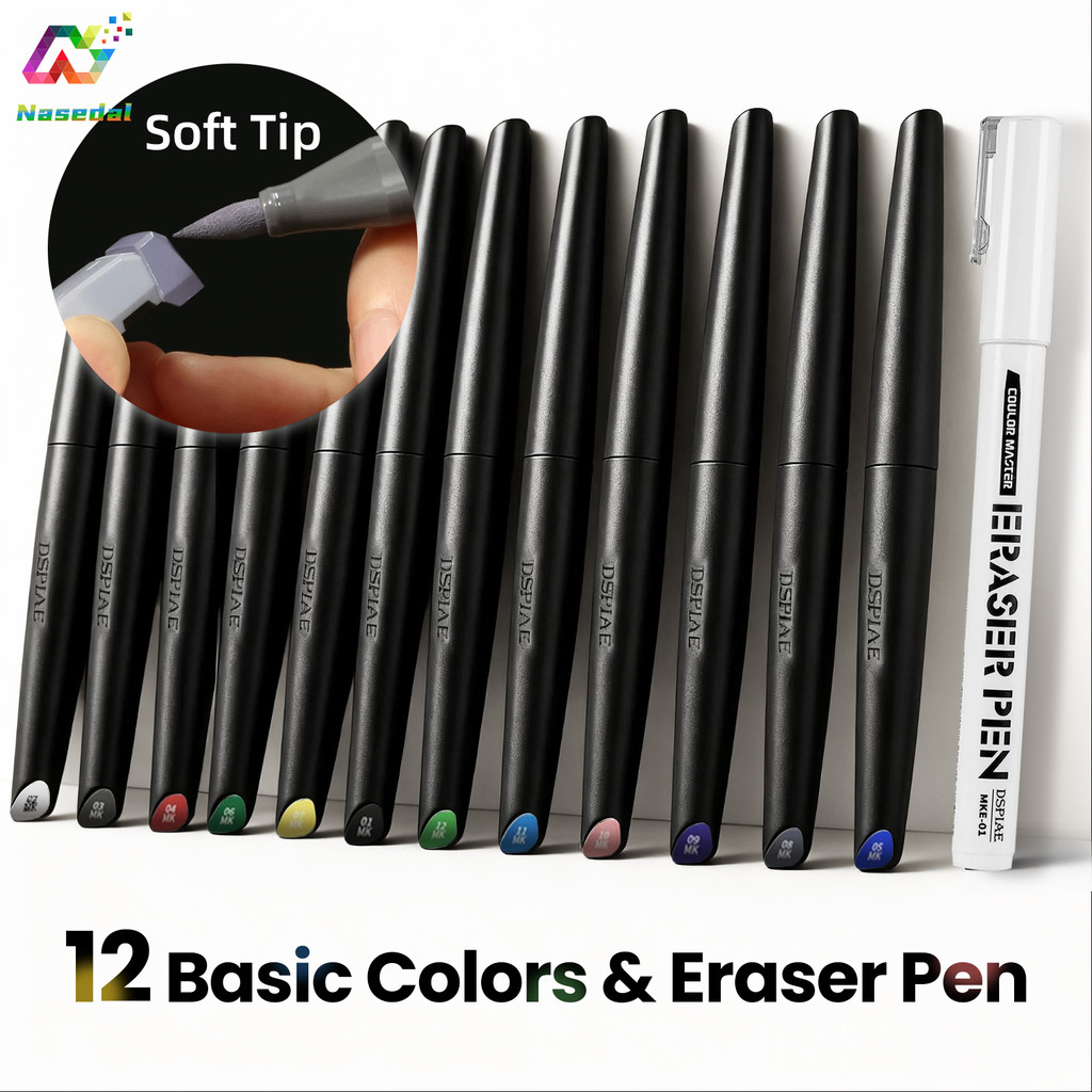 Dspiae 12 สีน้ํา Soft Head Marker ปากกาชุดฐานโลหะเรืองแสงชุดสีสําหรับ Gundam รุ่นภาพวาด DIY เครื่องมือ
