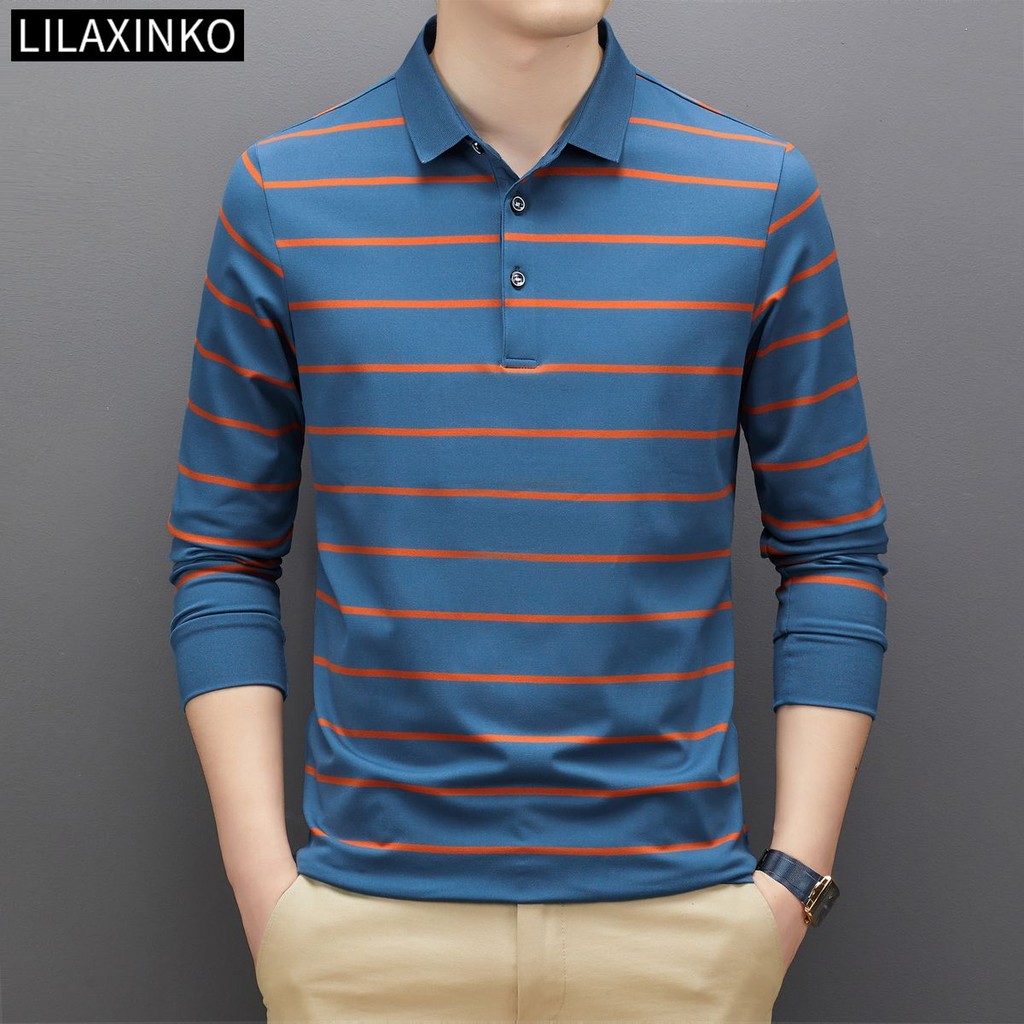 เสื้อโปโลแขนยาวสำหรับผู้ชาย ลายทางพื้นฐาน สวมใส่ง่ายในสไตล์คลาสสิก