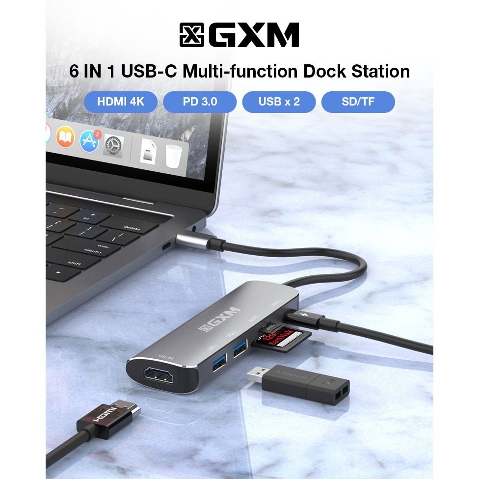GXM 6 IN 1 USBC มัลติฟังก์ชั่น Dock Station 4K HDMI PD3.0 USB SD TF Card Slot แล็ปท็อปโทรศัพท์มือถือ