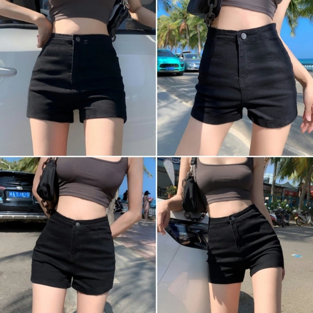 Bella shop ยีนส์ขาสั้น กางเกงขาสั้นยีนส์เอวสูง สีดำ เซ็กซี่ ใส่สบายดูผอม สไตล์เกาหลีเรียบง่าย