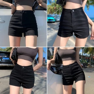 Bella shop ยีนส์ขาสั้น กางเกงขาสั้นยีนส์เอวสูง สีดำ เซ็กซี่ ใส่สบายดูผอม สไตล์เกาหลีเรียบง่าย