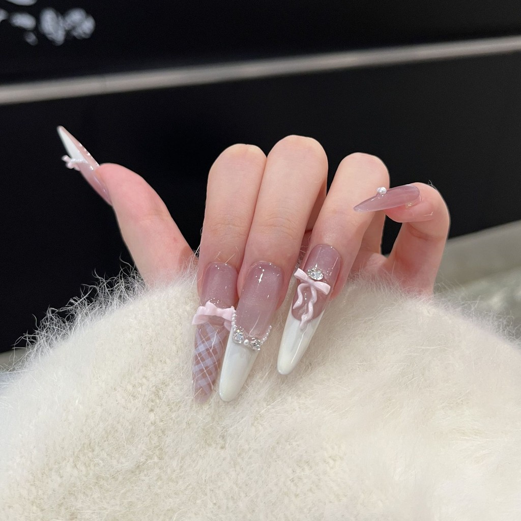 Dereisen [ควันฝุ่น] Handmade Wear Nails Sweet Pure Desire Nails Glass Cat Eye French Bow Nails