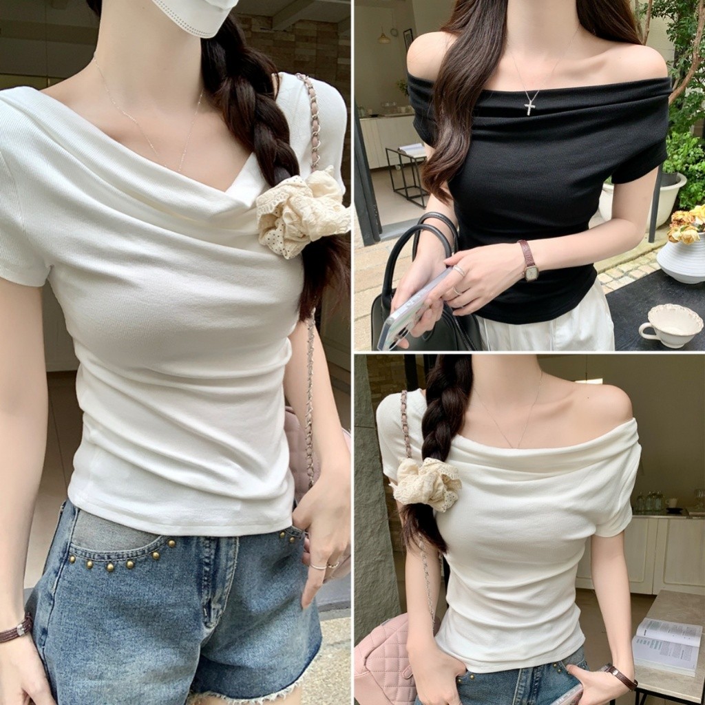 Bella พร้อมส่ง เสื้อยืดโชว์ไหล่  เสื้อไหล่เดียวเซ็กซี่สไตล์เกาหลี แขนสั้น ผ้าเนื้อนุ่ม ทรงเข้ารูป สะดือเซ็กซี่สาวฮอต