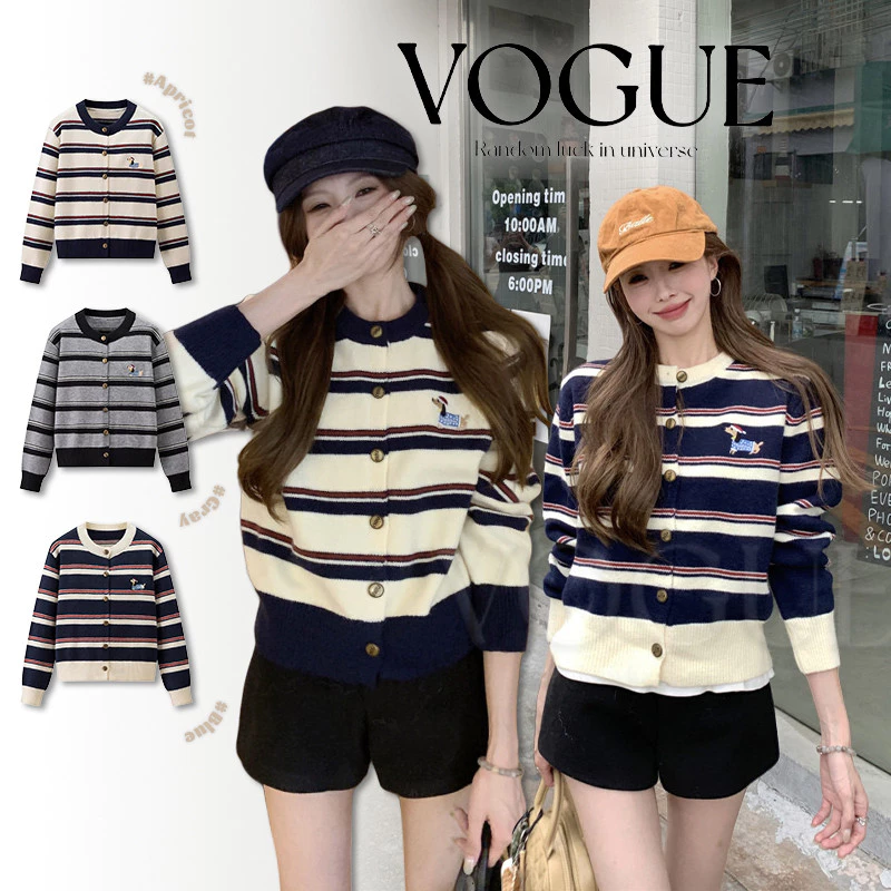 Vogue🌟พร้อมส่ง🌟 เสื้อไหมพรมแขนยาว คอกลม ผ้ากันหนาว ดีเทลลายทางสไตล์เกาหลี (Z-F111)