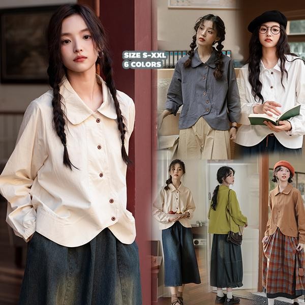mimi&didi#เสื้อเชิ้ตแขนยาวทรงหลวมสไตล์ญี่ปุ่นย้อนยุคแฟชั่นสีขาวสำหรับผู้หญิง ช่วงต้นฤดูใบไม้ร่วง คาร์ดิแกนคอโปโล#99201