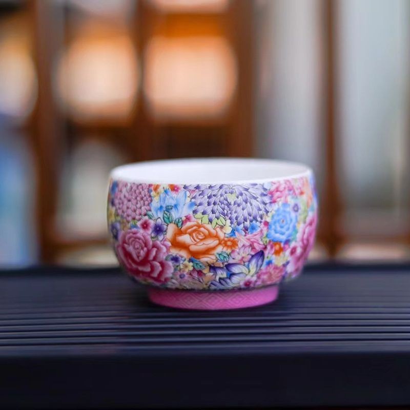 สไตล์จีน High-End Lanolin หยก Porcelain เคลือบดอกไม้ที่มีสีสัน Blooming Rich Master ถ้วยเซรามิคส่วนบ