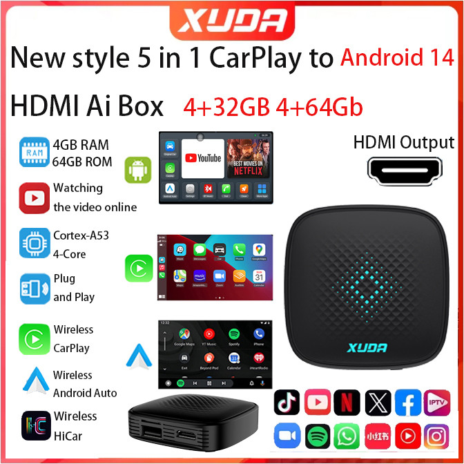 XUDA Wireless CarPlay Android Auto Ai BoxNew Android 14 3In1+HDM|+อะแดปเตอร์ Hai car4+32GB สําหรับ Youtube NetflixUniversal Box