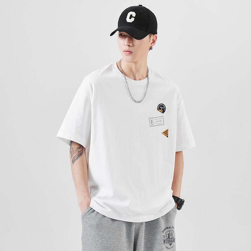 2025 NEW 2025 Real Shot American Retro Color Block Pure Cotton Short Sleeve T-Shirt Men Loose Casual