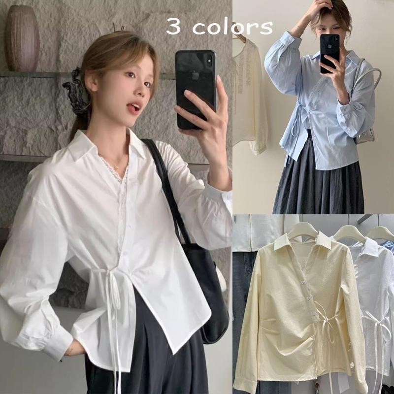 Cuties 🔥99199 เสื้อเชิ้ตทรงoversize แฟชั่นสไตล์เกาหลีเชิ้ตเชิ้ตแขนยาว คอวี หลวมสีทึบน่ารัก ผูกโบว์ข้าง แฟชั่นฤดูร้อน