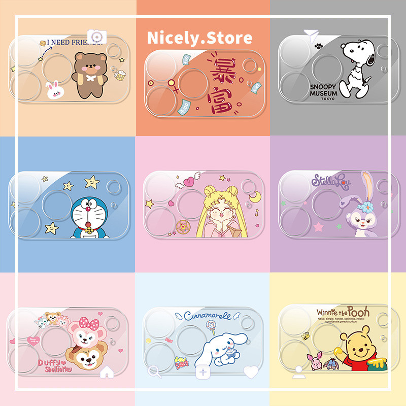 เลนส์กล้องกระจกนิรภัยป้องกันเข้ากันได้สําหรับ iPhone 17 Pro Max 16 Plus 16promax 16pro การ์ตูนโปร่งใสรวมทุกอย่าง Protector