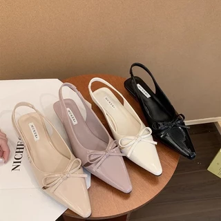 รองเท้าส้นสูงหัวแหลมสไตล์ฝรั่งเศส รองเท้าส้นสูงส้นเตี้ยสำหรับผู้หญิง ดีไซน์โบว์ สวมใส่สบายและไม่ลื่น