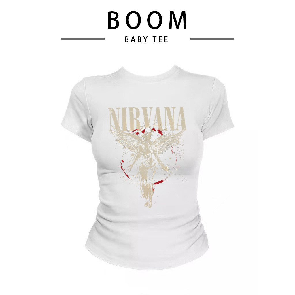 COD(จัดส่งภายใน 24 ชั่วโมง)BOOM NIRVANA เสื้อครอปเข้ารูปBaby tee y2k เสื้อคอกลม รูปที่ 8
