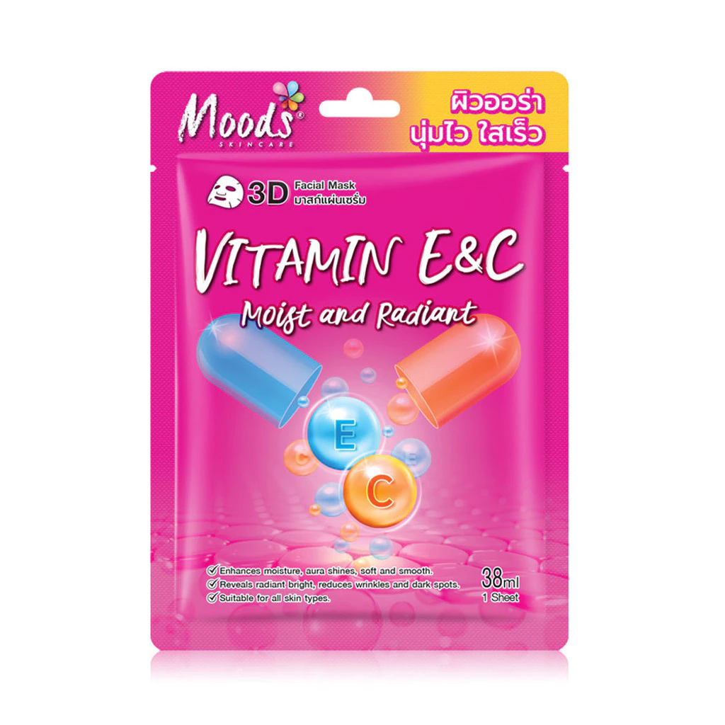 Moods Skin Care Vitamin E & C Moist Radiant 3D Facial Mask 38ml มูดส์ สกินแคร์ แผ่นมาสก์บำรุงผิวหน้า สูตร Vitamin E ... thumbnail 3