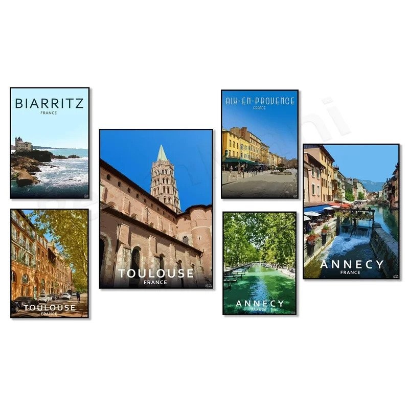 โปสเตอร์ท่องเที่ยวพิมพ์ของ Aix-en-Provence, Bayonne, และ Toulouse