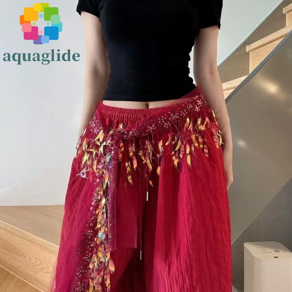 AQUAGLIDE ผ้าพันคอสะโพกสำหรับเต้นจัสแดนซ์, กางเกงยีนส์ตกแต่งพู่เข็มขัด, เสื้อแฟชั่น ผ้าพันคอสามเหลี่ยมเลื่อมเอว เครื่องประดับเต้นรำ