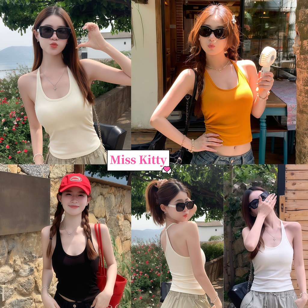 🎀Miss Kitty แขนกุด เสื้อซับใน เสื้อกล้ามเสริมฟองน้ำในตัว สีสดใสยืดพอดีตัว น่ารักๆผ้าร่องเล็ก "FY3575