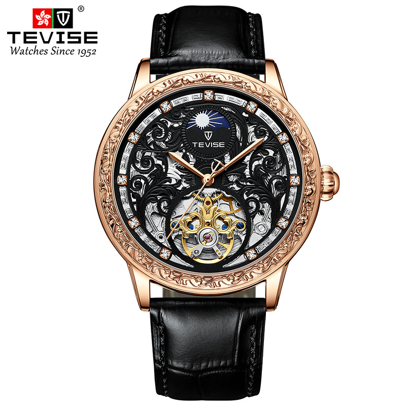 สวิสสไตล์ใหม่ Tevise Tevise Skeleton นาฬิกากลไกอัตโนมัติ Moon Phase Tourbillon นาฬิกากันน้ําสําหรับผ