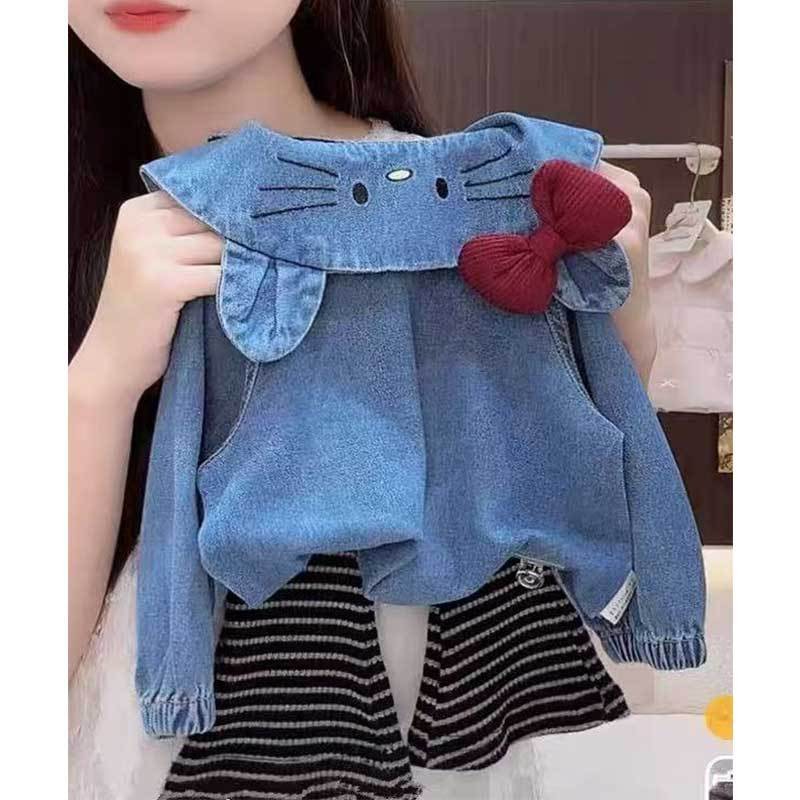 ชุดเด็กผู้หญิงสไตล์ใหม่ฤดูใบไม้ร่วงเด็กน่ารักสวมใส่แมวปักแจ็คเก็ตยีนส์ลายกางเกงบาน